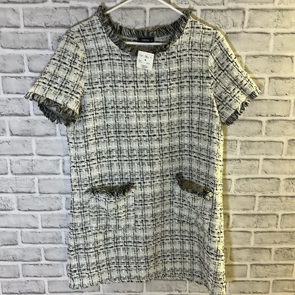Shein Women’s Frayed Edge Tweed Dress Black White Metallic shimmer large